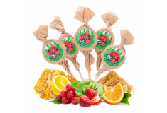 Mix of honey and fruit lollipops with "LADYBUG" labels, 20 x 6g