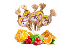 Mix of honey and fruit lollipops with MDD labels, 20 x 6g
