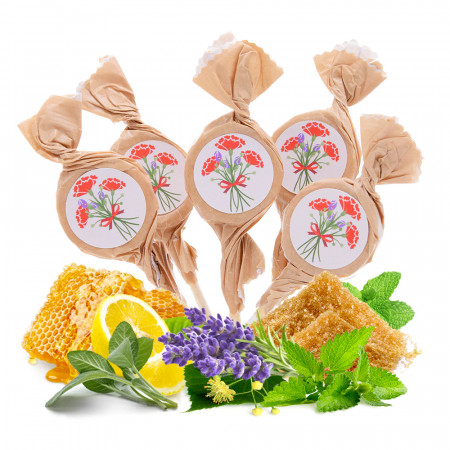 Mix of honey and herb lollipops with „CARNATIONS“ stickers, 20 x 6g