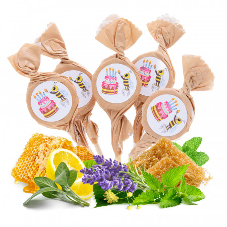 Mix of honey and herb lollipops with birthday stickers, 20 x 6g