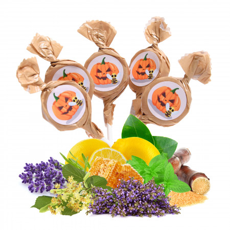 Mix of honey and herb lollipops with Halloween labels, 20 x 6g